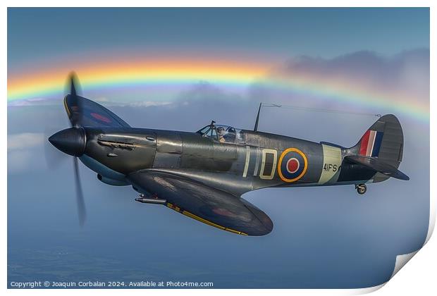 A spitfire flies through the sky with a vivid rain Print by Joaquin Corbalan