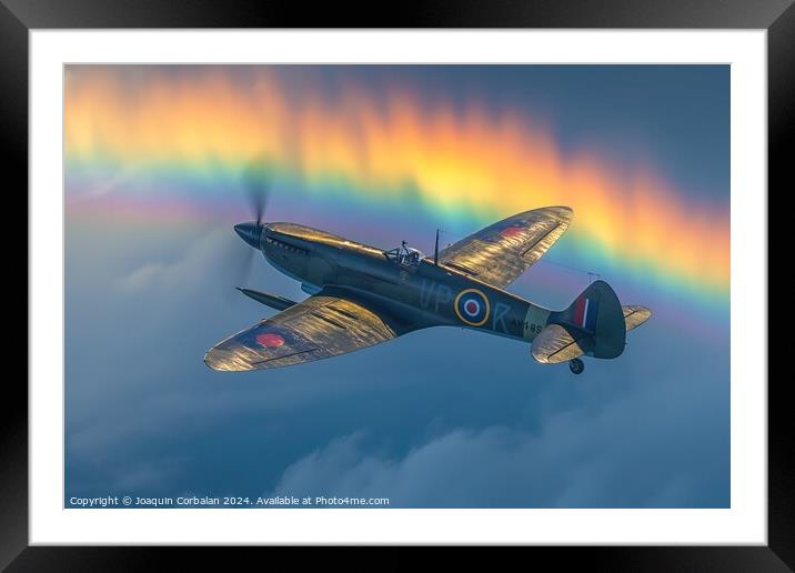 A spitfire plane soars through the sky as a vibran Framed Mounted Print by Joaquin Corbalan