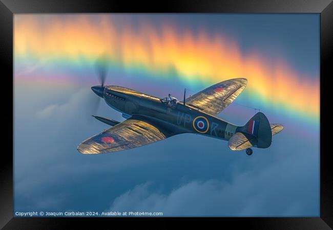 A spitfire plane soars through the sky as a vibran Framed Print by Joaquin Corbalan