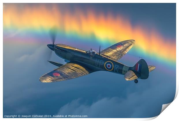 A spitfire plane soars through the sky as a vibran Print by Joaquin Corbalan