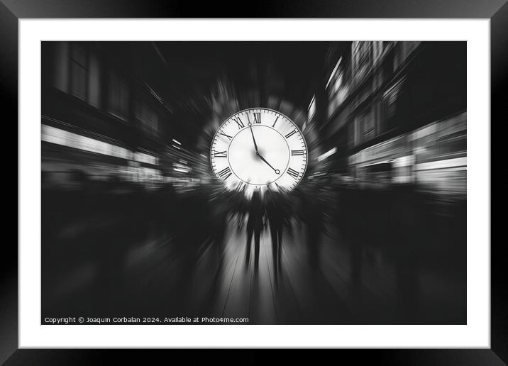 A black and white photograph showcasing a vintage clock with intricate details. Framed Mounted Print by Joaquin Corbalan