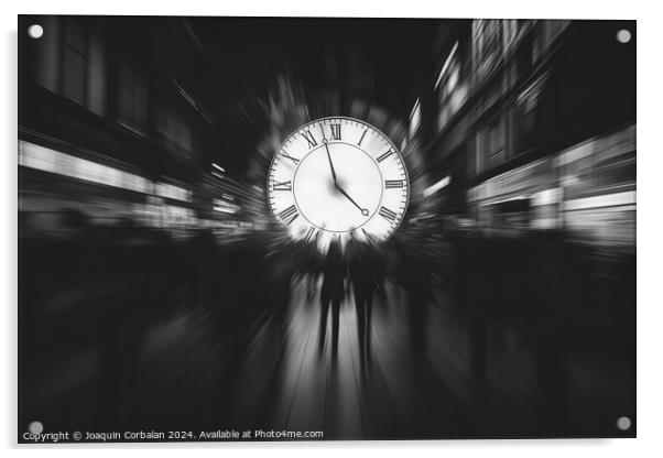 A black and white photograph showcasing a vintage clock with intricate details. Acrylic by Joaquin Corbalan
