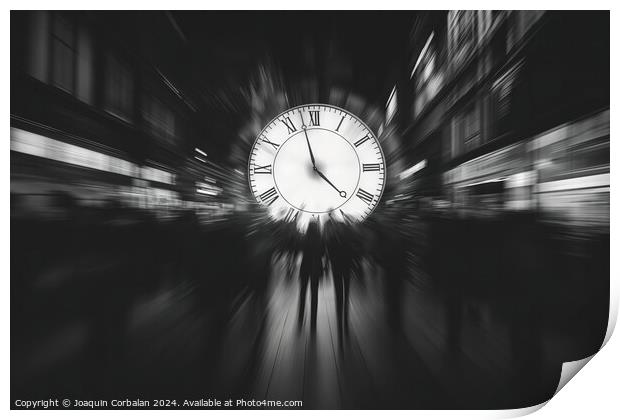 A black and white photograph showcasing a vintage clock with intricate details. Print by Joaquin Corbalan