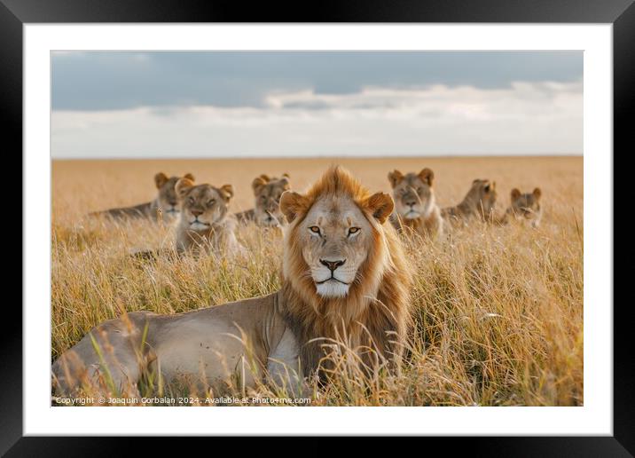 A lion lays in the middle of a field, taking a bre Framed Mounted Print by Joaquin Corbalan
