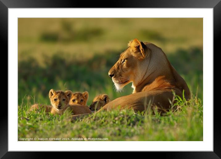 A mother lion and her cubs relax in the grass, bas Framed Mounted Print by Joaquin Corbalan