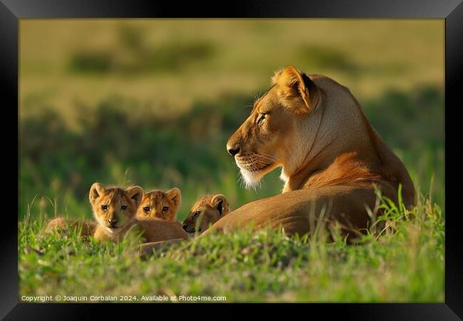 A mother lion and her cubs relax in the grass, bas Framed Print by Joaquin Corbalan