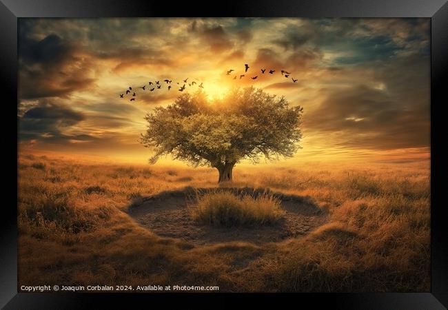 A tree standing in a field with birds flying over  Framed Print by Joaquin Corbalan