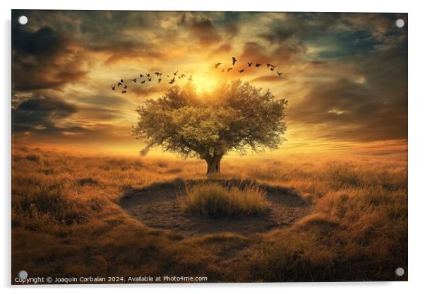 A tree standing in a field with birds flying over  Acrylic by Joaquin Corbalan