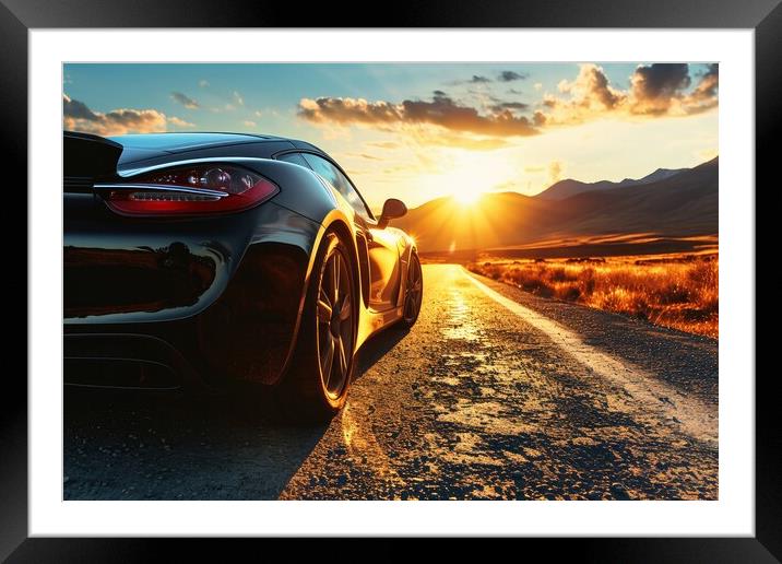 A fast sports car with full reflective paintwork on a lonely roa Framed Mounted Print by Michael Piepgras