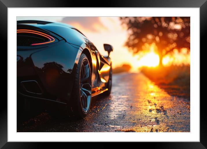 A fast sports car with full reflective paintwork on a lonely roa Framed Mounted Print by Michael Piepgras