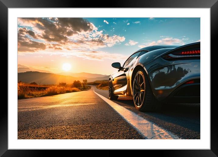 A fast sports car with silver paintwork drives along a lonely ro Framed Mounted Print by Michael Piepgras