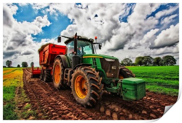 A large tractor on a farm working on a field. Print by Michael Piepgras