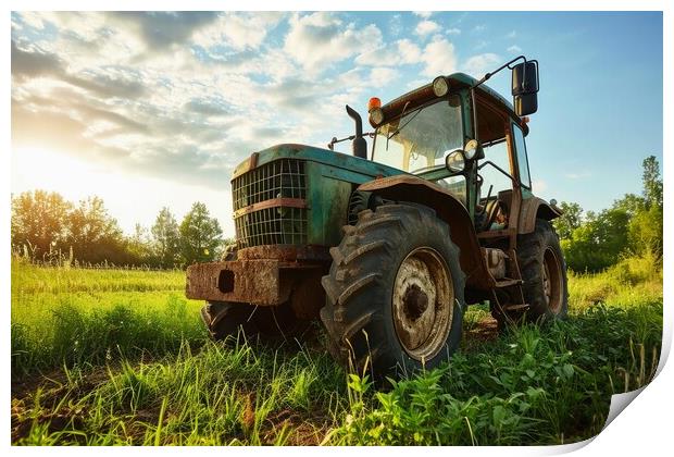 A large tractor on a farm working on a field. Print by Michael Piepgras