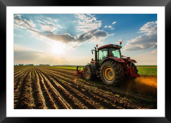 A large tractor working on a field with big machines. Framed Mounted Print by Michael Piepgras