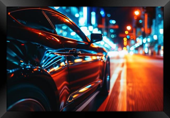 A low angle view of a fast driving car on a city road at night. Framed Print by Michael Piepgras