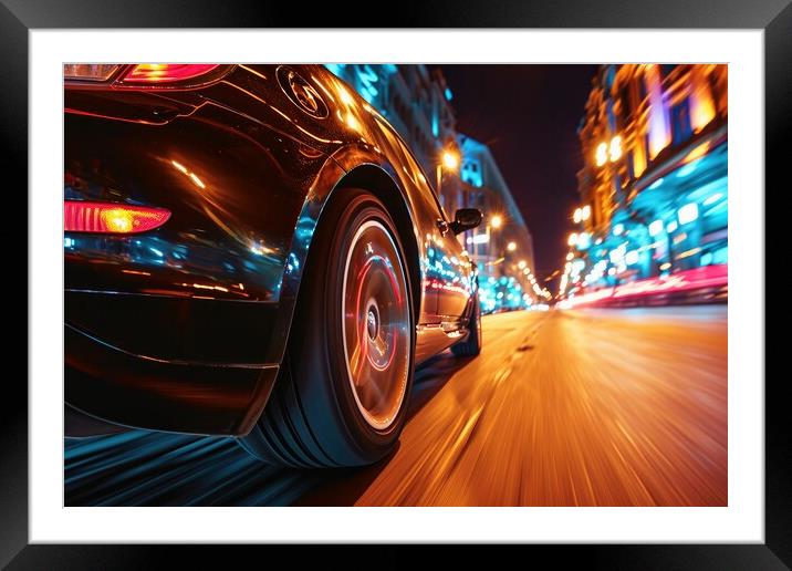 A low angle view of a fast driving car on a city road at night. Framed Mounted Print by Michael Piepgras