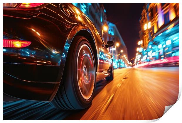 A low angle view of a fast driving car on a city road at night. Print by Michael Piepgras
