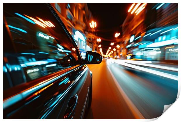 A low angle view of a fast driving car on a city road at night. Print by Michael Piepgras
