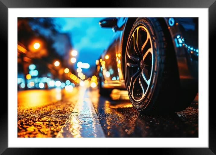 A low angle view of a fast driving car on a city road at night. Framed Mounted Print by Michael Piepgras