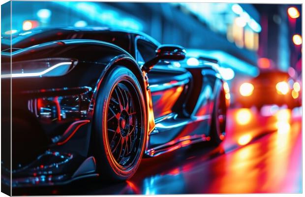 A low angle view of a fast driving sports car with neon lights o Canvas Print by Michael Piepgras