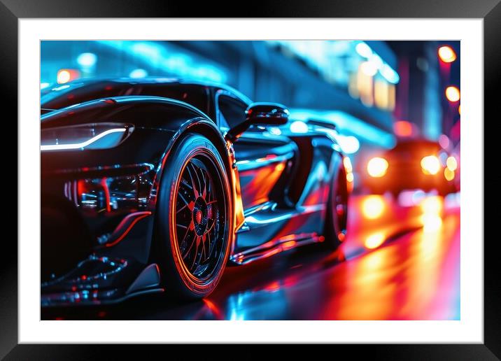 A low angle view of a fast driving sports car with neon lights o Framed Mounted Print by Michael Piepgras