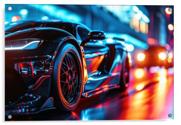 A low angle view of a fast driving sports car with neon lights o Acrylic by Michael Piepgras