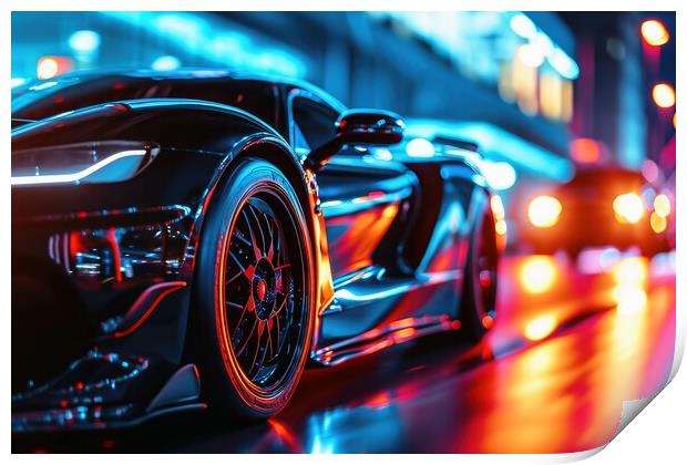 A low angle view of a fast driving sports car with neon lights o Print by Michael Piepgras