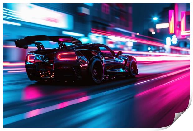 A low angle view of a fast driving sports car with neon lights o Print by Michael Piepgras