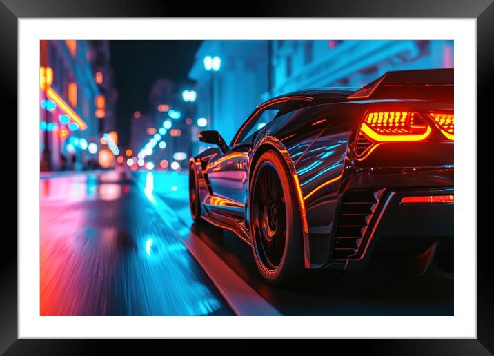 A low angle view of a fast driving sports car with neon lights o Framed Mounted Print by Michael Piepgras