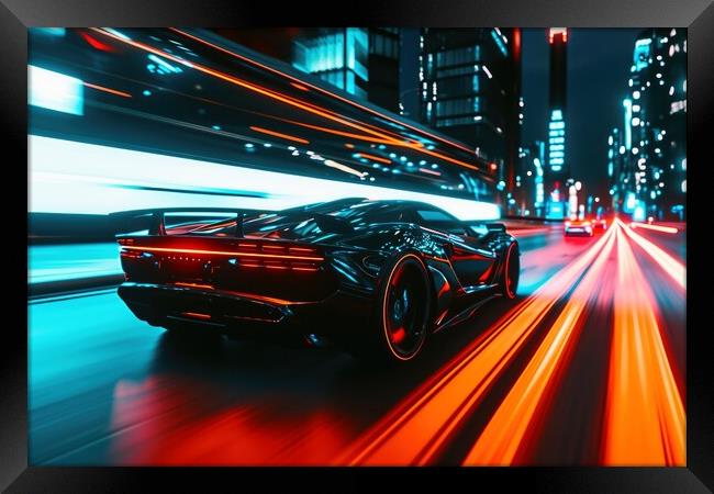 A low angle view of a fast driving sports car with neon lights o Framed Print by Michael Piepgras