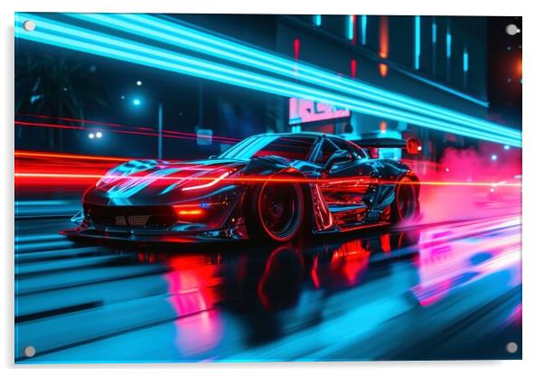 A low angle view of a fast driving sports car with neon lights o Acrylic by Michael Piepgras