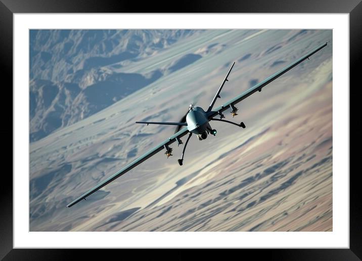 A fictional military drone in the air. Framed Mounted Print by Michael Piepgras