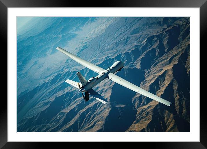 A fictional military drone in the air. Framed Mounted Print by Michael Piepgras