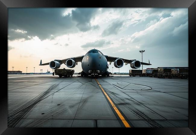 A military transport airplane on an airport loading equipment. Framed Print by Michael Piepgras
