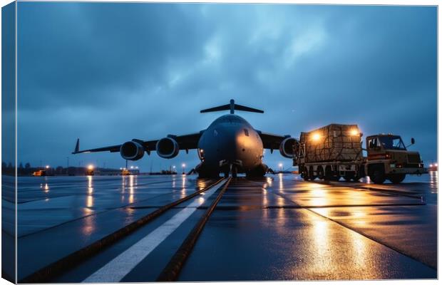 A military transport airplane on an airport loading equipment. Canvas Print by Michael Piepgras