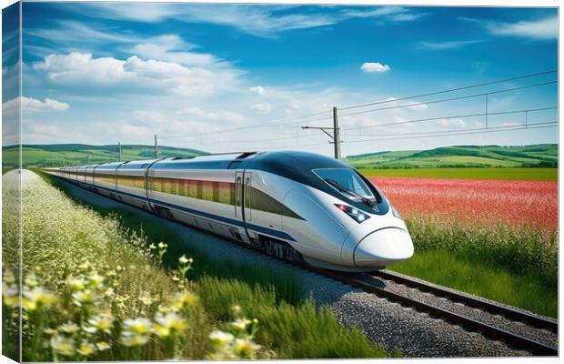 A modern high speed train racing through a scenic countryside landscape. Canvas Print by Michael Piepgras