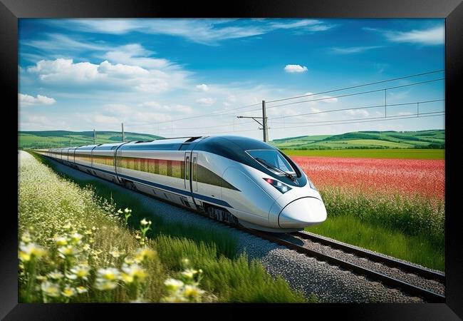A modern high speed train racing through a scenic countryside landscape. Framed Print by Michael Piepgras