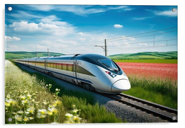 A modern high speed train racing through a scenic countryside landscape. Acrylic by Michael Piepgras