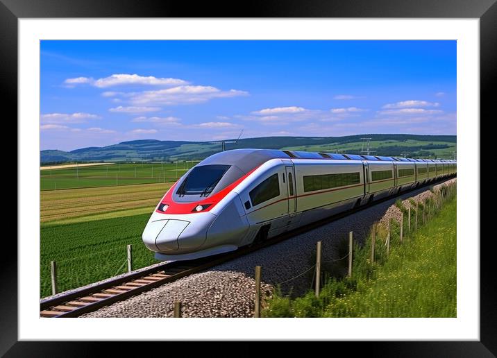 A modern high speed train racing through a scenic countryside la Framed Mounted Print by Michael Piepgras