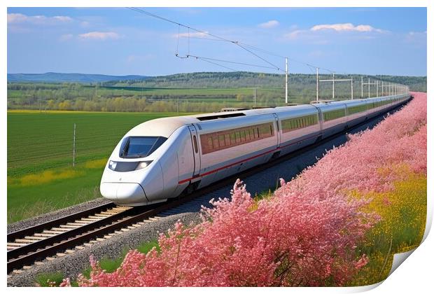 A modern high speed train racing through a scenic countryside landscape. Print by Michael Piepgras