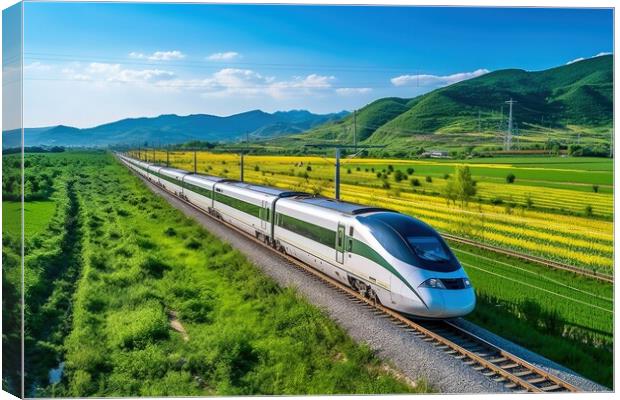 A modern high speed train racing through a scenic countryside la Canvas Print by Michael Piepgras
