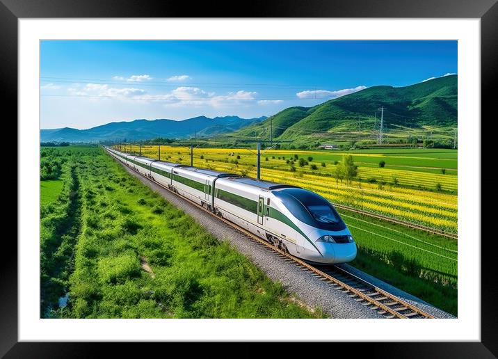 A modern high speed train racing through a scenic countryside la Framed Mounted Print by Michael Piepgras