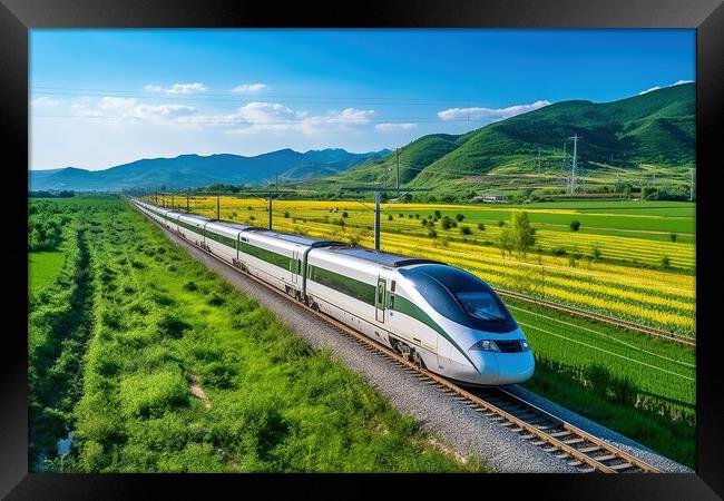 A modern high speed train racing through a scenic countryside la Framed Print by Michael Piepgras