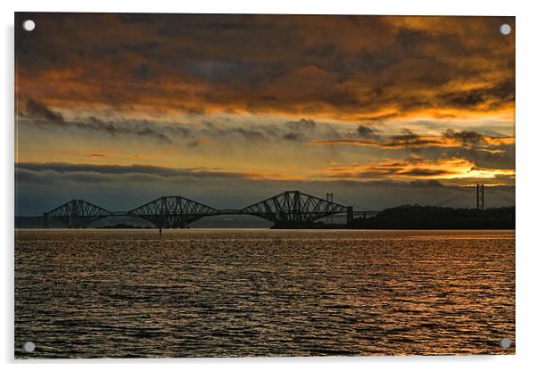 Sunset Over The Forth Bridges Acrylic by Andrew Beveridge