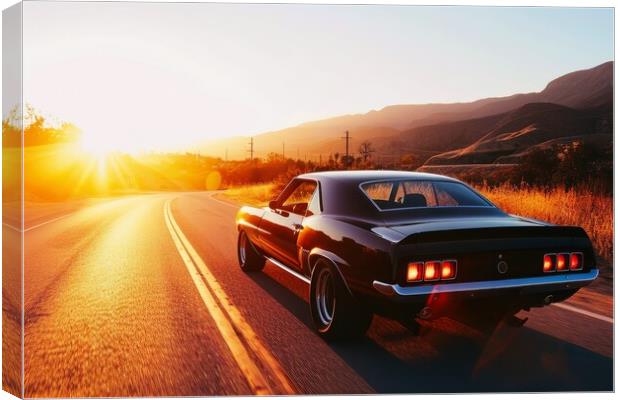 A muscle car driving into the sunset. Canvas Print by Michael Piepgras