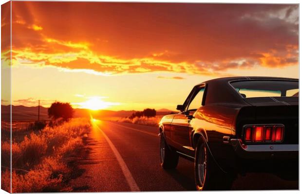 A muscle car driving into the sunset. Canvas Print by Michael Piepgras