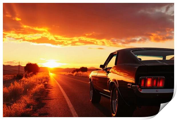 A muscle car driving into the sunset. Print by Michael Piepgras