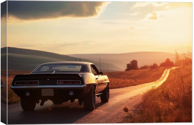 A muscle car driving into the sunset. Canvas Print by Michael Piepgras