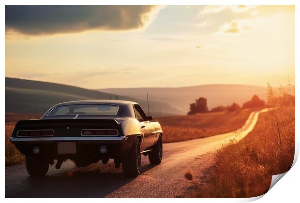 A muscle car driving into the sunset. Print by Michael Piepgras