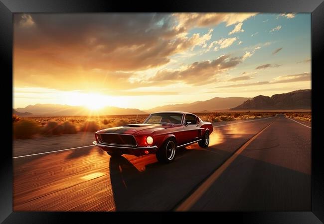 A muscle car driving into the sunset. Framed Print by Michael Piepgras